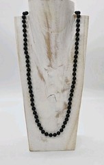 Black Glass Beaded Necklace Hand-Knotted MJ Signed Clasp Gold tone 26 in