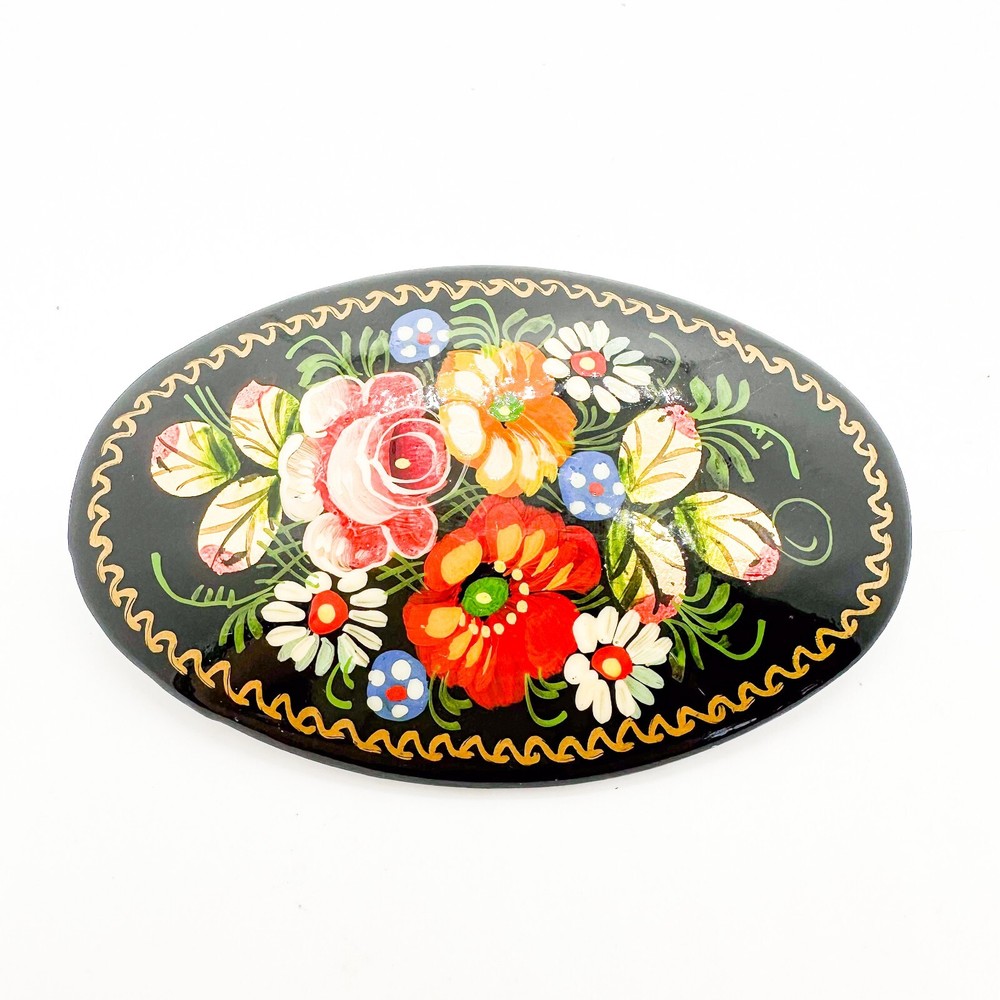 Russian Black Lacquer Brooch Pin Rose Floral Hand Painted Gold Gilt Signed