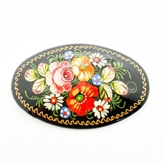 Russian Black Lacquer Brooch Pin Rose Floral Hand Painted Gold Gilt Signed