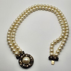 Vintage Double Strand Faux Pearl Choker Necklace Ornate Rhinestone Clasp Cream