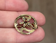 Antique Victorian Gold Filled Brooch Pin Flower Faux Seed Pearl Vintage Signed