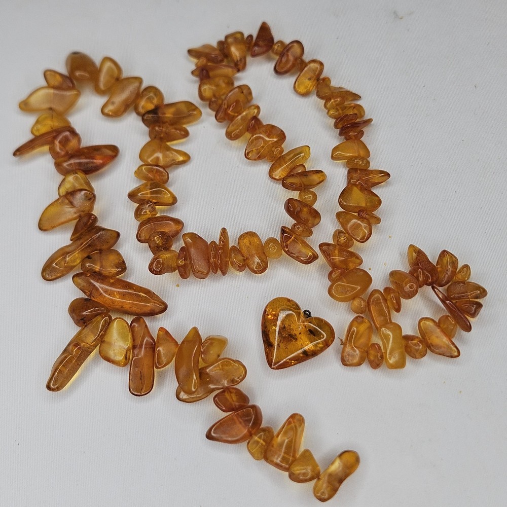 Vintage Lithuania Baltic Amber Heart Pendant & 30″ Strand Cognac Nugget Necklace