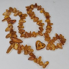 Vintage Lithuania Baltic Amber Heart Pendant & 30″ Strand Cognac Nugget Necklace