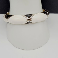 Black White Geometric Abstract Enamel Print Silver Tone Hinged Bangle Bracelet