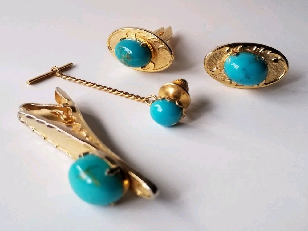Vintage Matching Set Cufflinks, Tie Bar & Tack Gold Tone W Faux Turquoise Stones