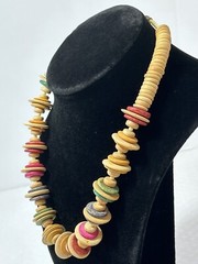 Boho Chic Fashion Wood Rainbow Disc 18” Necklace Vintage Estate Chunky Funky WOW