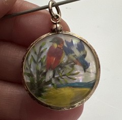 Antique Victorian Gold Filled Mother Of Pearl Bird Feather Round Etched Pendant