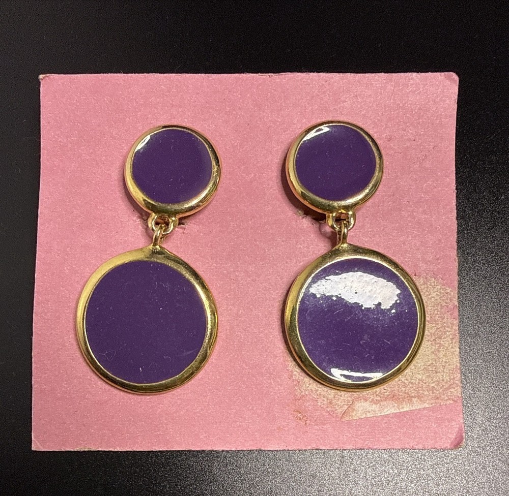 Vintage Purple Enamel Dangle Clip-On Earrings Gold-Tone