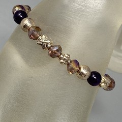 Glass Beaded Bracelet Pink Purple Faceted Fire Polished Acrylic Gold Tone 6.5″
