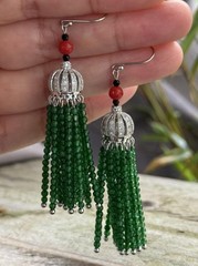 Earrings tassel pendant natural red coral green agate beads 925 Sterling silver
