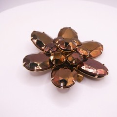 Vintage Brown Glass Rhinestone Gold Tone Flower Brooch Large 2.7″ Womens Mens