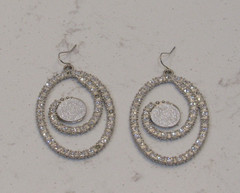 Silver Tone Dangle Drop Circle Earrings Oval Rhinestones Party Retro Elegant