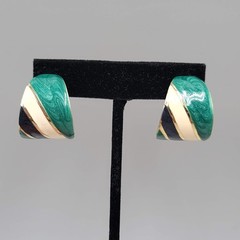 Vintage Green Blue White Enamel Wide Hoop Pierced Earrings Gold tone Drop 1″