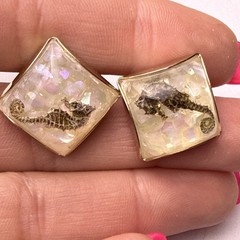 Rare 1960s Genuine Seahorse Confetti Lucite Domed Cuff Links-aquatic Sea Life