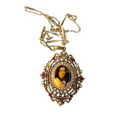 Vintage ART Arthur Pepper Cameo Portrait Pendant Necklace Gold Tone Ornate