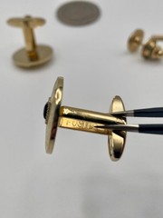 Vintage Foster Gold Tone Tuxedo Cufflinks Tie Tac Set Mid Century Onyx