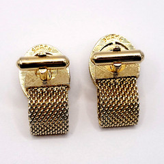 Swank Brown Lucite Tigers Eye Cabochon Center Gold Mesh Wrap Fancy Cufflinks