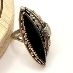 Vintage Sterling Silver Black Onyx Navette Ring Size 7.25 | Signed By Artist 925