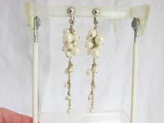 Vintage White Faux Pearls on 4″ Long Chain Earrings Clips Shoulder Dusters