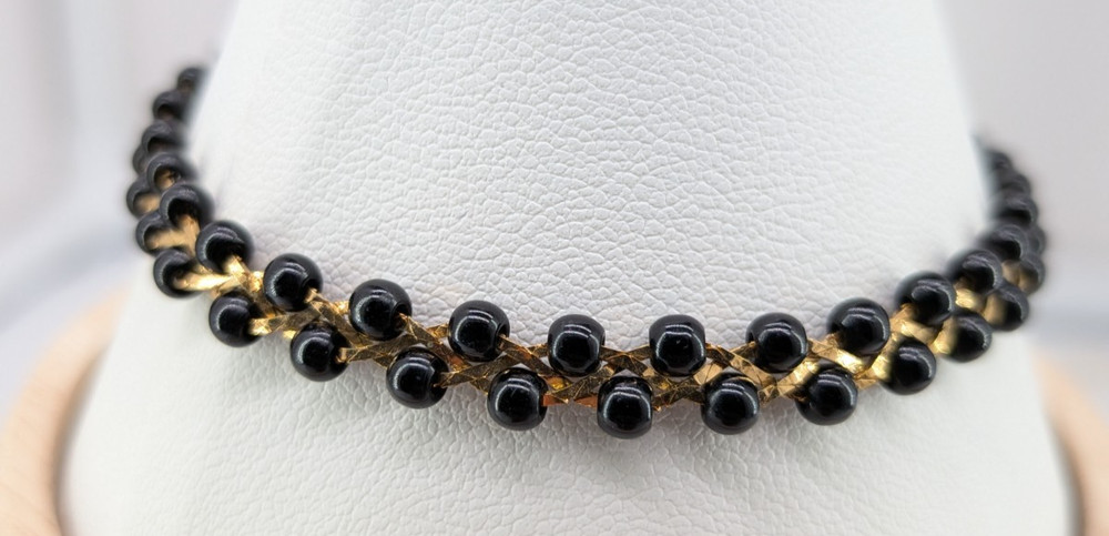 Vintage Trifari TM Bracelet Gold Tone Black Seed Bead Braided Link 7.5in Signed