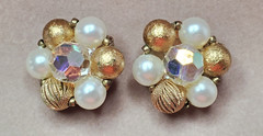 Vintage Lisner Clip On Earrings Gold Tone Pearl Bead Cluster Clear AB Crystal