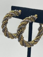 Vintage Gold Tone Twisted Rope Hoop Earrings Grey Silver Beaded Screw Back MCM