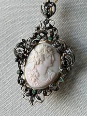 Victorian Portuguese 19k Gold Sterling Silver Emerald Coral Cameo Bacchante Broo