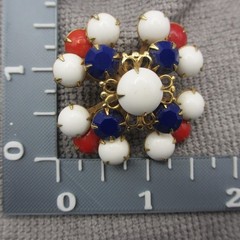 Vintage Milk Glass Brooch Patriotic Red White Blue Prong Set Gold Tone