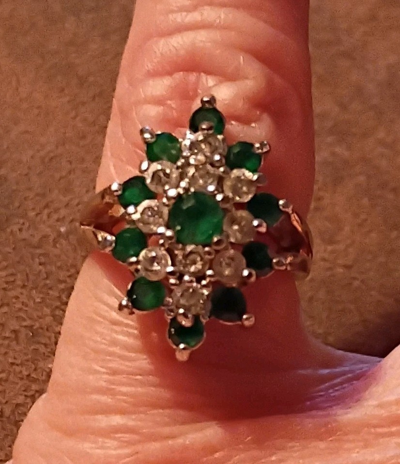 Vintage Estate Faux Emerald & Crystal Gold Color Unsigned Sz 5