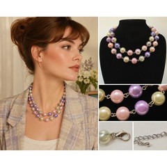 Vintage Pastel Faux Pearl Double Strand Necklace Pink Purple Romantic