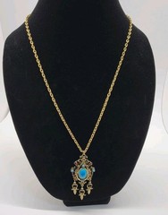 Vintage CELEBRITY Large Rhinestone Faux Turquoise Pendant Necklace GoldTone Boho