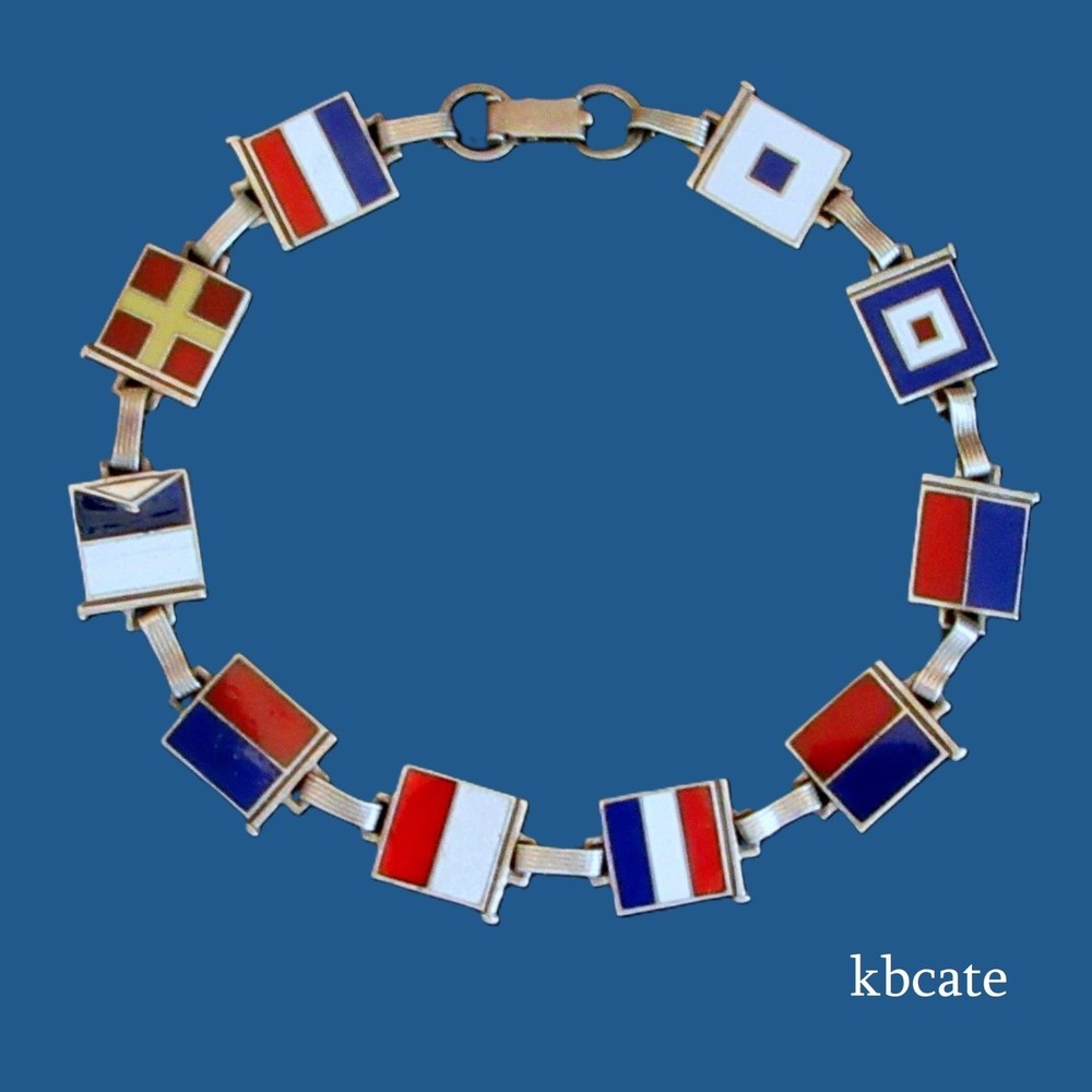 VTG 1940s Sterling Silver Enamel Nautical Flag Sweetheart Bracelet WWII