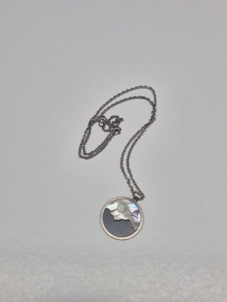 Sterling Silver Pendant Abalone Shell Inlay Mountain Scene
