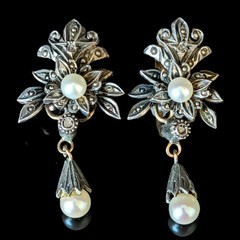 Victorian Portuguese 18K-19k Gold Silver Aljofar Natural Pearl Diamond Earrings
