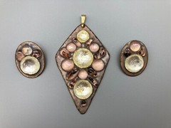 Vintage ~ Modernist Ruth Buol Enamel Copper Art Glass Pendant & Earrings Set ~