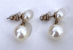 Vintage 21 mm Stud Earrings With 9.5 & 6 mm Cream Color Faux Pearls On Gold Tone