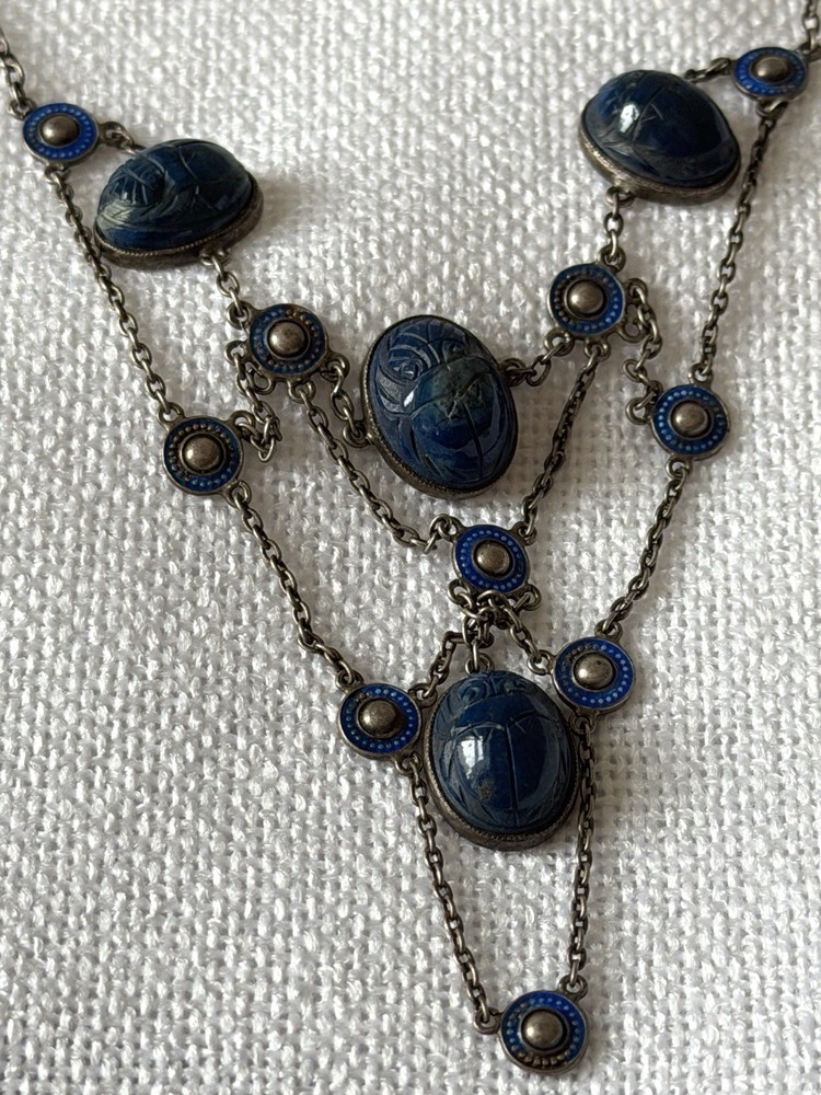 Art Deco Enamel Lapis Lazuli Glass Scarab Necklace Egyptian Revival Enamel Rare