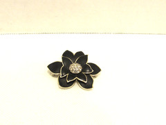 Vintage Rare Designer Pinnino Black Enamel Rhinestone Layered Flower Brooch