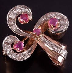 Vintage 1940’s 13k Rose Gold Palladium Ruby Diamond Brooch 1.91ctw 8.52g