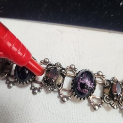 Vintage Purple Cabochon Ornate Link Bracelet Silver Tone Victorian Style 6.25 in