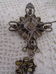 Vintage Inspired KENNY MA Green Rhinestone CROSS BROOCH / Pendant