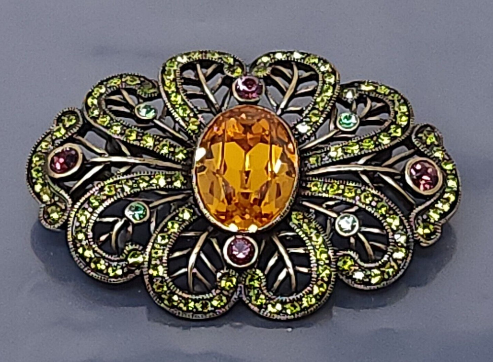 Vtg Kathy Levine LaVintage Multicolor Rhinestone Bronze Color Statement Brooch