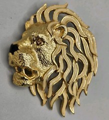Vintage Sphinx Lion Head Brooch Gold Tone Enamel Rhinestone Eye Signed Jewelry