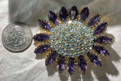 Vintage Blue And Purple Made In Austria Stamped Rhinestone And Gold Tone Brooch