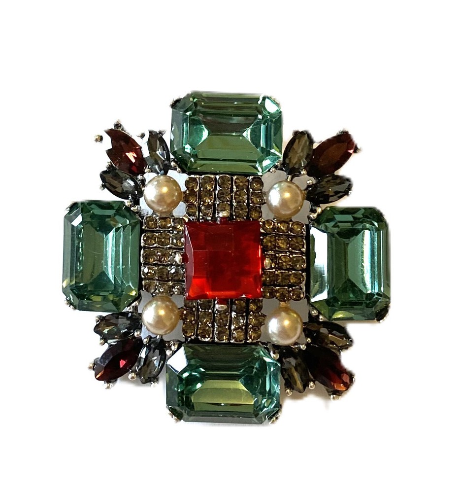 GORGEOUS CROSS BROOCH! Multi Color Crystals & Black Diamante Rhinestones!