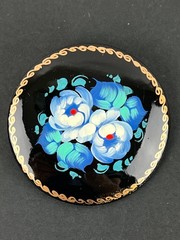 Vintage Wood Hand Paint Russian Lacquer Blue Green Floral Flower 2″ Brooch Pin
