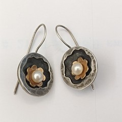 Modernist Pearl Earrings Handmade Silver Gold Israeli Artist Studio VTG Jewelry