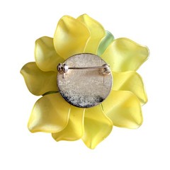 Vintage 70s Floral Brooch | Satin Acrylic Green Yellow Rhinestone