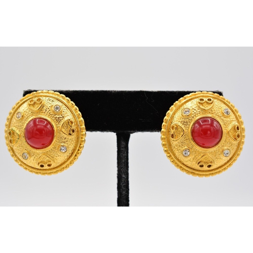 Vintage Cabochon Earrings Red Brushed Gold Matte Chunky Crystal NOS 1980s BinA11