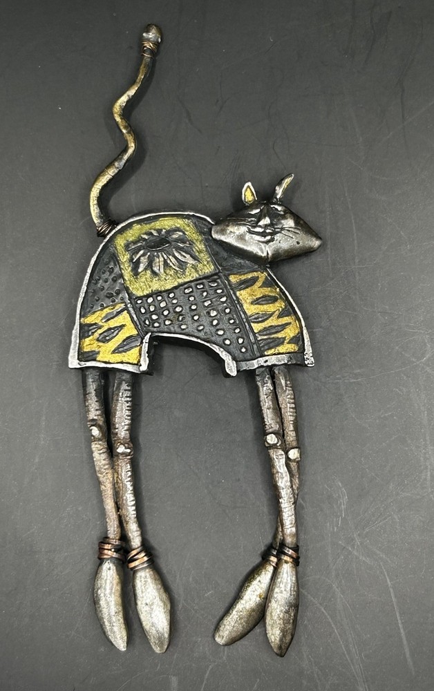 RARE Large Signed Artisan Cat Brooch 105/250 Mixed Metal Studio Jewelry Pin